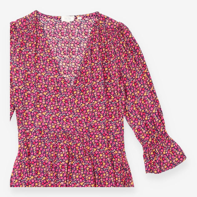 Midi Dress Dark Floral Print Pink Orange Long Slee