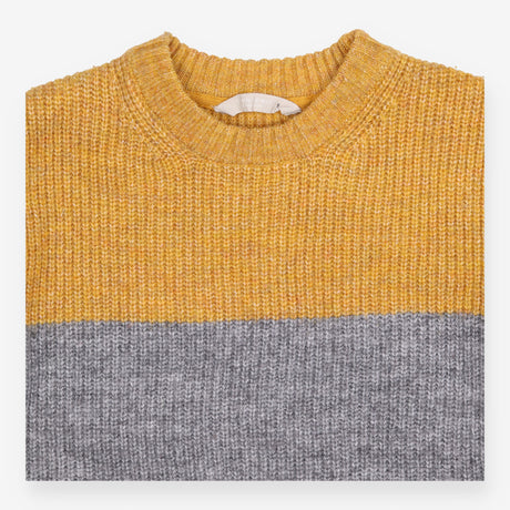 Sweater knit block stripes blue yellow grey