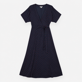 Maxi Dress in Navy with Red Polka Dots and Wrap Fr