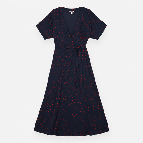 Maxi Dress in Navy with Red Polka Dots and Wrap Fr