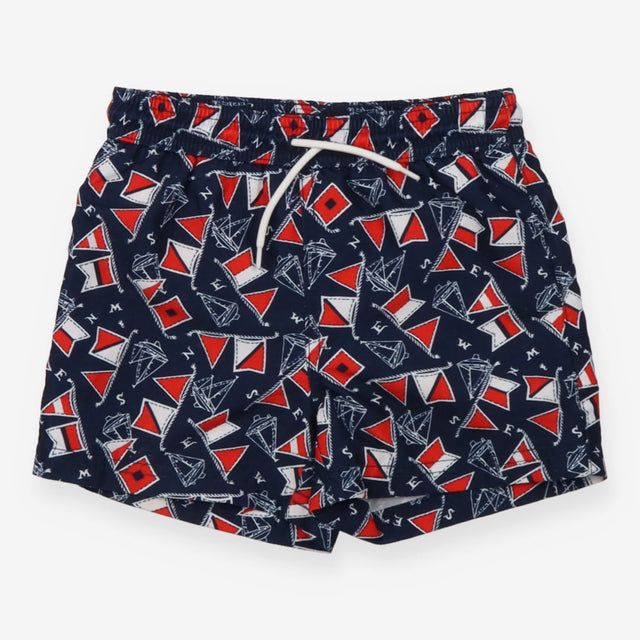 Swim Shorts Blue with Boats & Red & White Flags