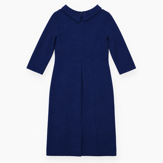 Dress Blue Textured Long Sleeve Round Neck Midi
