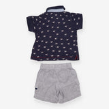 Outfit Tee collar navy monkeys stripe shorts
