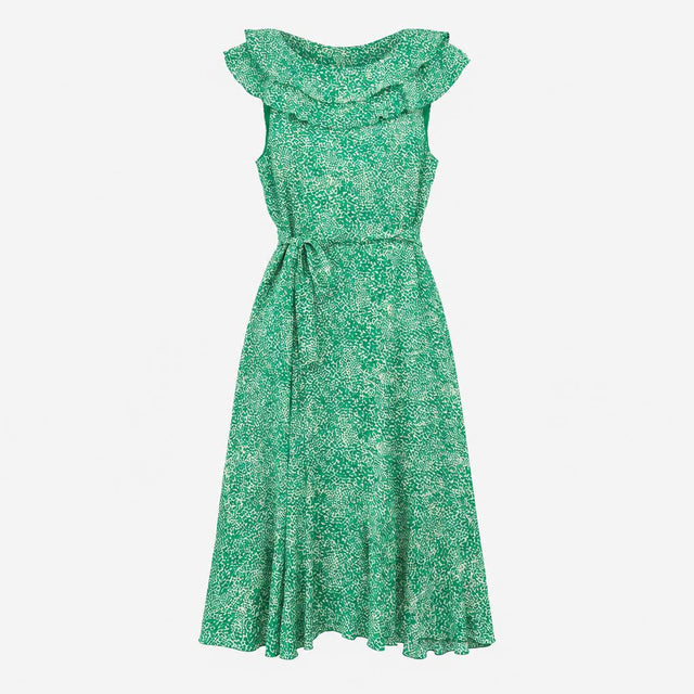 Midi Wrap Dress Animal Print Ruffle Collar and Sho