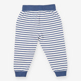 Blue and white stripe joggers with blue knee patch