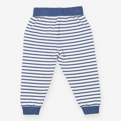 Blue and white stripe joggers with blue knee patch