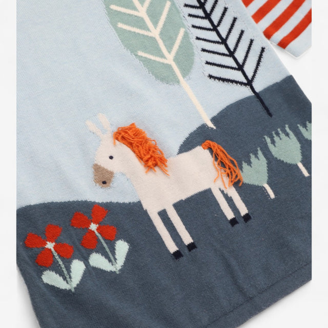 Sweater dress long sleeve blue with auburn horse