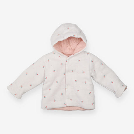 Hooded coat white floral pink lining