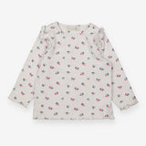 Tee LS white rib small flowers frill shoulder