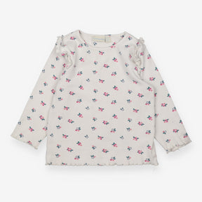 Tee LS white rib small flowers frill shoulder
