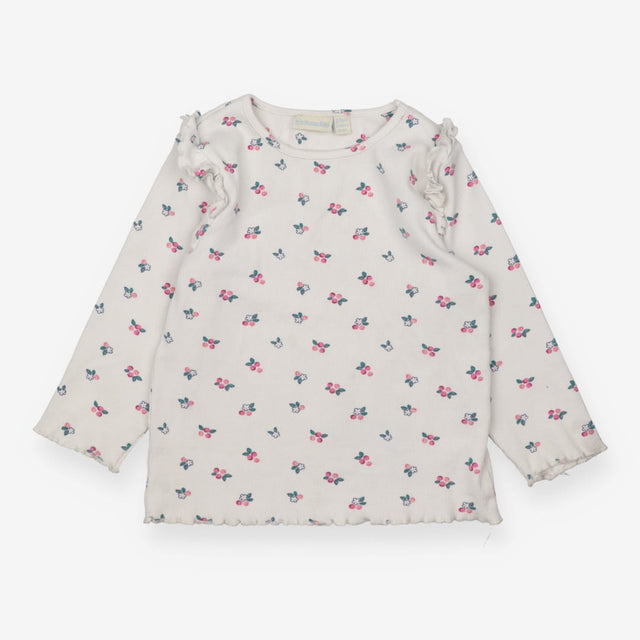 Tee LS white rib small flowers frill shoulder