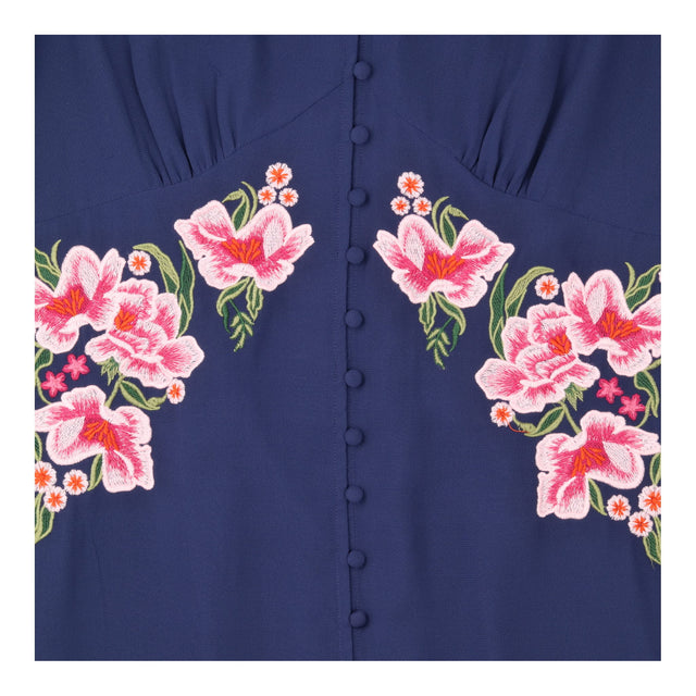 Navy Floral Embroidered Button-Front Midi Dress
