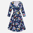Dress Navy Blue Floral Print Long Sleeve Midi V-Ne