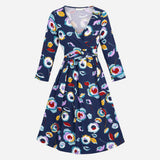 Dress Navy Blue Floral Print Long Sleeve Midi V-Ne