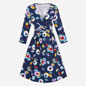 Dress Navy Blue Floral Print Long Sleeve Midi V-Ne
