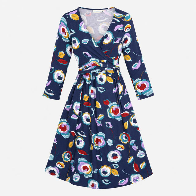 Dress Navy Blue Floral Print Long Sleeve Midi V-Ne