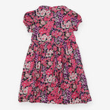Navy dress with bold pink and purple flowers