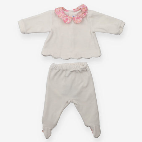 Long Sleeved Top and Bottom Set White Velour Flora