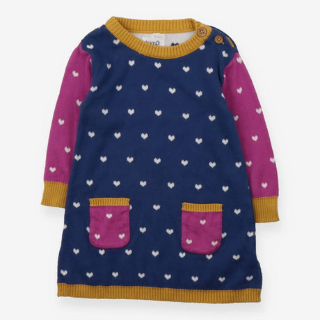Dress knit navy and purple with white hearts print