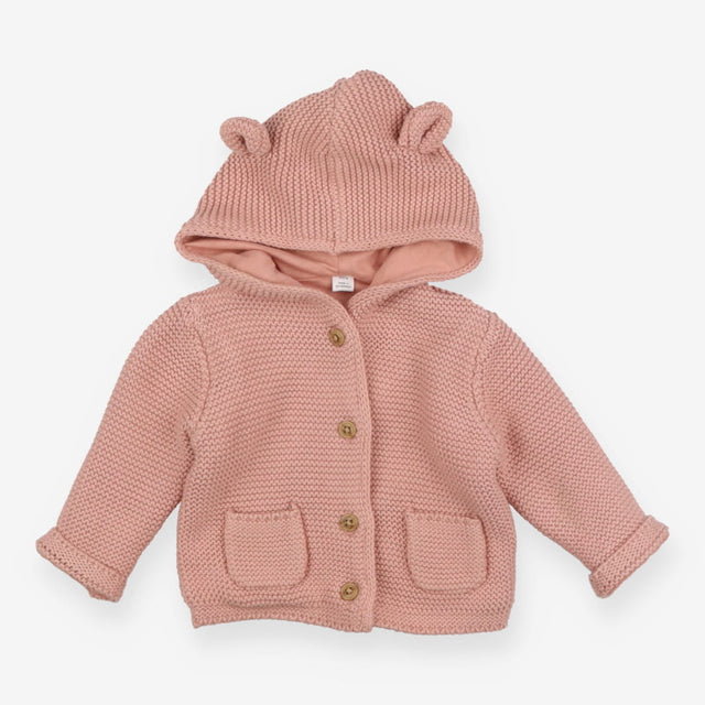 Rose Pink Knit Hooded Cardigan with Ears