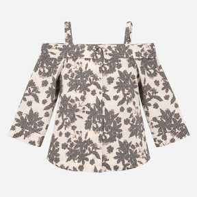 Blouse Cream Black Floral Print Cold Shoulder Butt