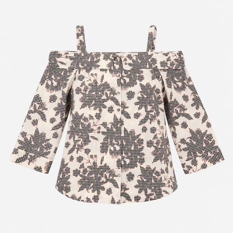 Blouse Cream Black Floral Print Cold Shoulder Butt