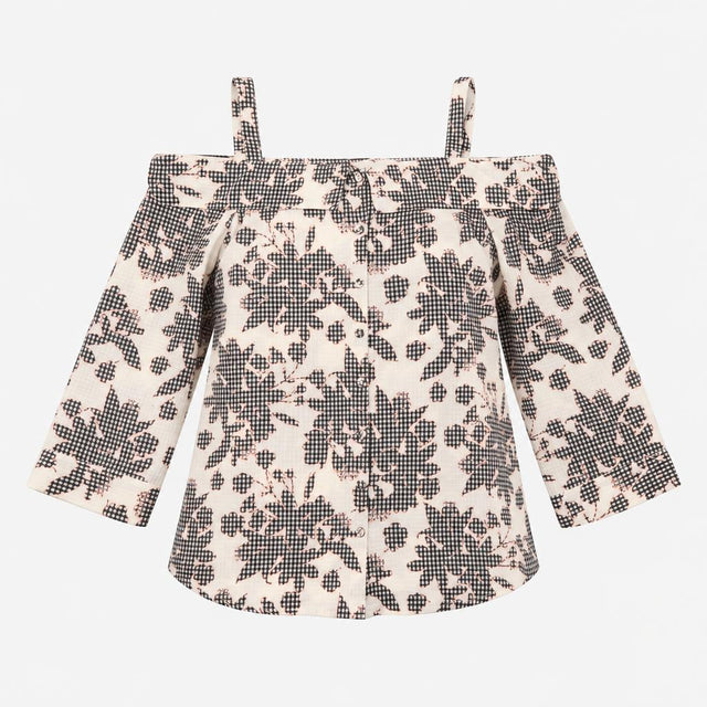Blouse Cream Black Floral Print Cold Shoulder Butt