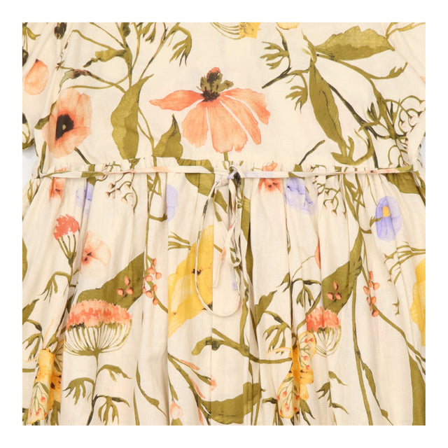Midi Dress Cream Botanical Floral Button Front Puf