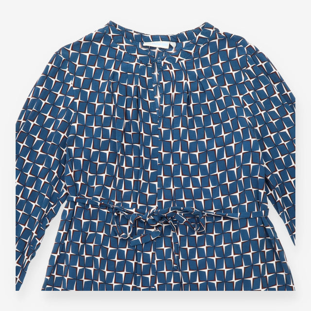 Maternity Tunic Blouse Blue Geometric Print Tie Wa