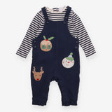 Dungarees navy blue rib festive heads LS stripe te