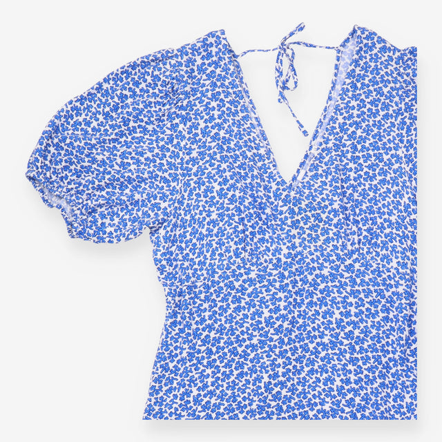 Midi Dress Blue White Abstract Floral Print Tie Ba