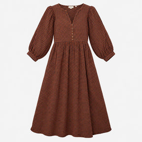 Dress Midi Gingham V Neck Rust Navy