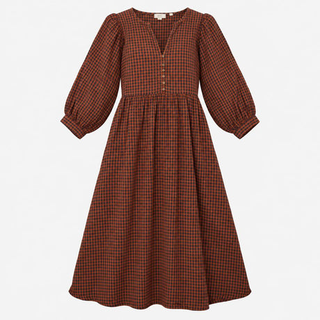 Dress Midi Gingham V Neck Rust Navy