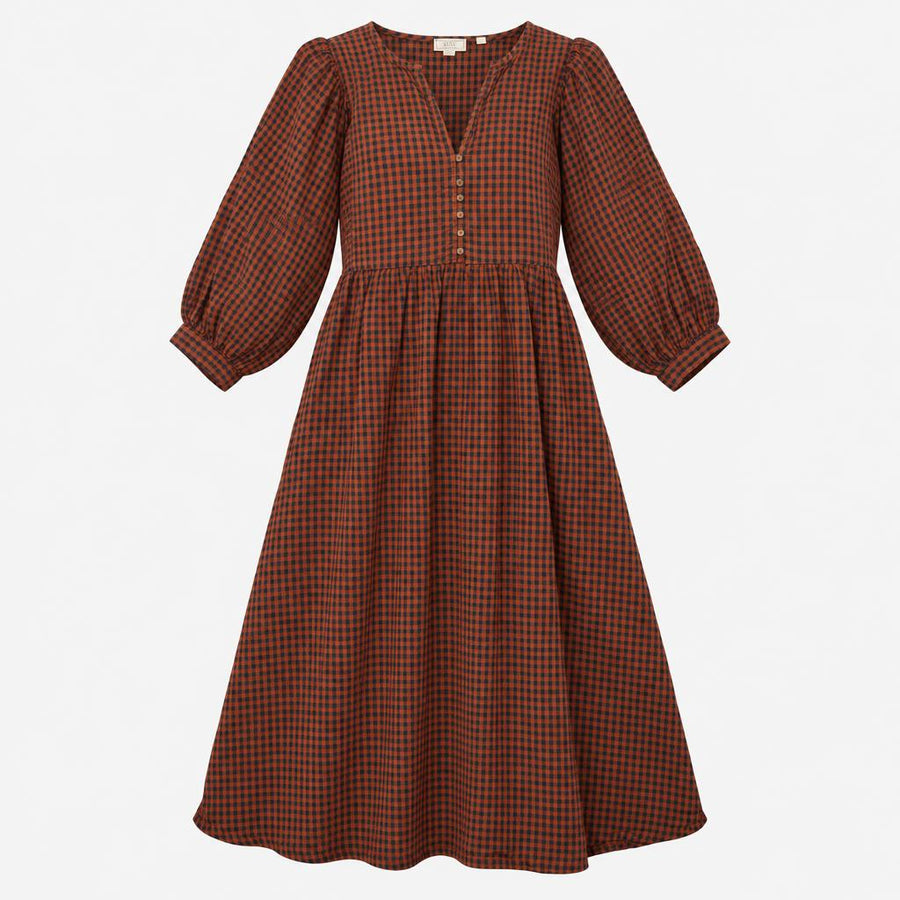 Dress Midi Gingham V Neck Rust Navy