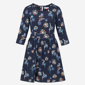 Navy Floral Organic Cotton Midi Tea Dress with Poc