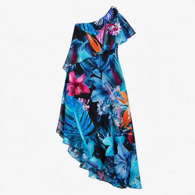 Floral One Shoulder Chiffon Maxi Dress Black Blue