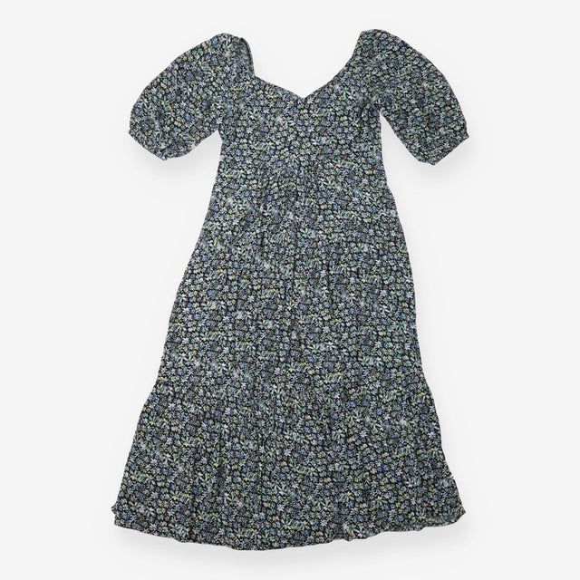 Midi Dress Black Ditsy Floral Print Ruched Front