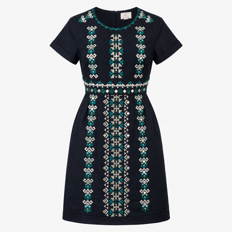 Dress Navy Geometric Embroidered Linen Blend Short
