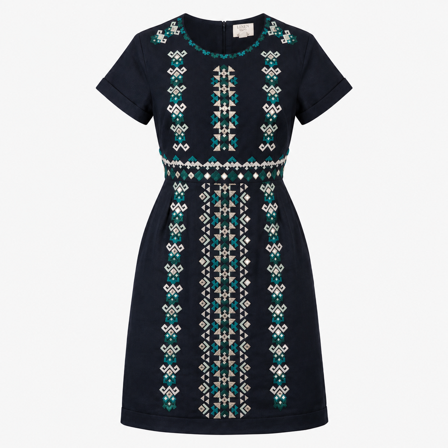Dress Navy Geometric Embroidered Linen Blend Short