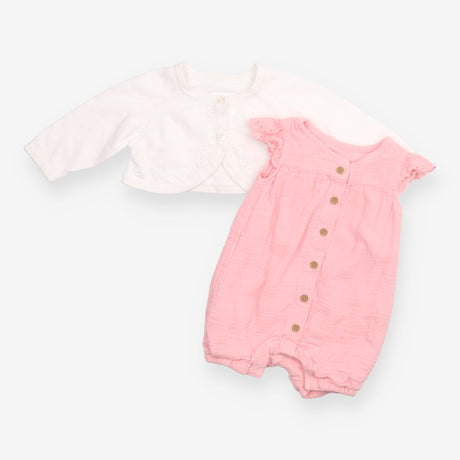 Pink Romper with White Cardigan