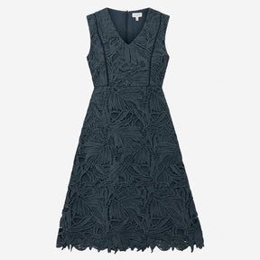 Dark Slate Blue Botanical Guipure Cutout Lace Slee