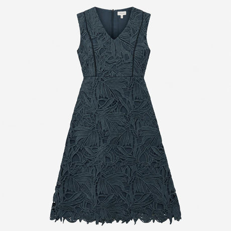 Dark Slate Blue Botanical Guipure Cutout Lace Slee