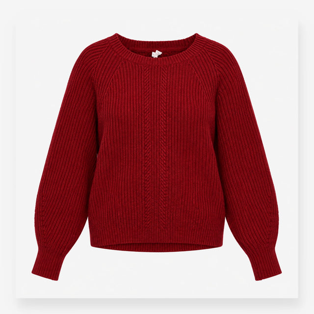 Merino Wool Blend Ribbed Crew Neck Jumper Burgundy