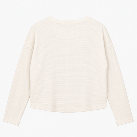 Waffle Knit Long Sleeve Thermal Crew Neck Top Whit
