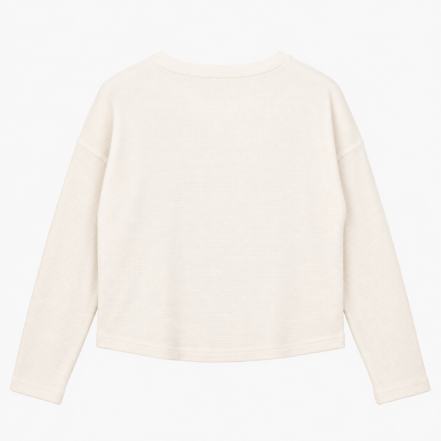 Waffle Knit Long Sleeve Thermal Crew Neck Top Whit