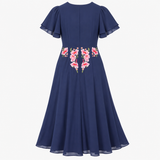 Navy Floral Embroidered Button-Front Midi Dress