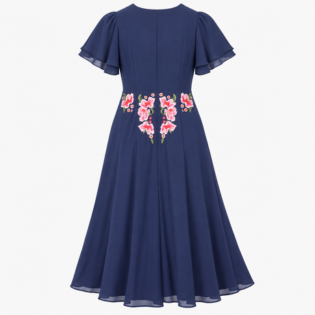 Navy Floral Embroidered Button-Front Midi Dress