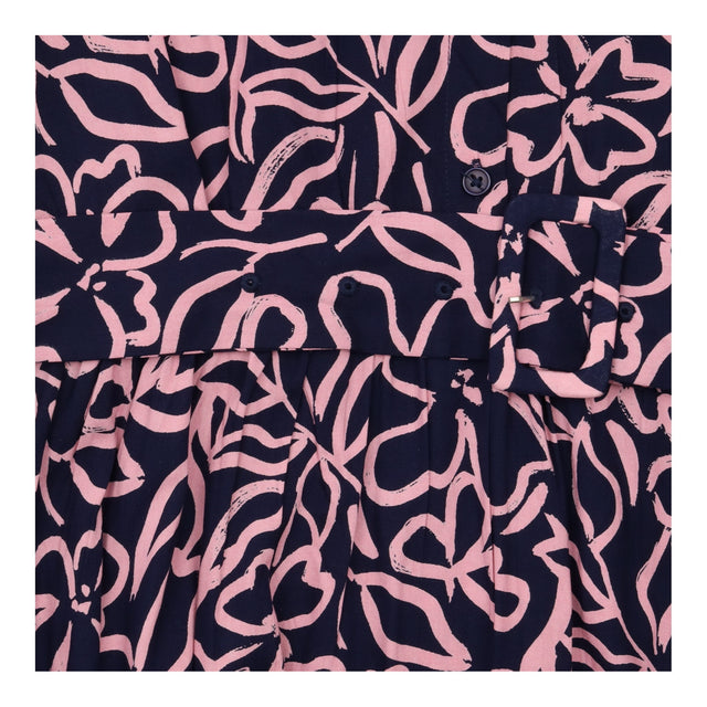 Navy Pink Abstract Print Tie Waist Maxi Dress