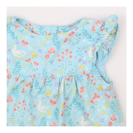 Blue ruffle sleeve romper with goose floral print