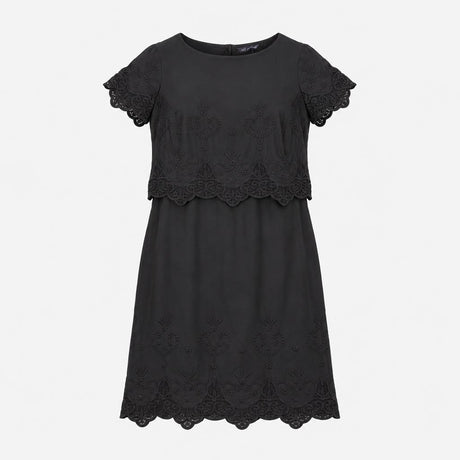 Black 100% Cotton Floral Embroidered Scalloped Hem